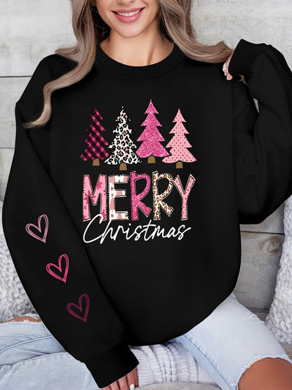 Women'S Festive Christmas Sweatshirt, Casual Pullover Crew Neck, Knit Polyester Fabric, Holiday Fashion Hoodie, Merry Christmas Tree Design, Spring/Summer/Autumn Season