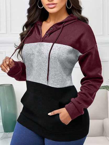 Drop Shoulder Color Block Hoodie, Casual Long Sleeve Hoodies Sweatshirt, Women's Clothing