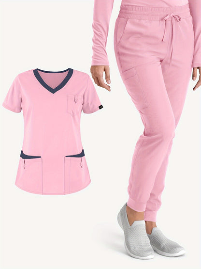 Two-Piece Solid Scrub Set - Elegant V-Neck Top and Drawstring Pants Outfit with Comfortable Fabric, Medical and Health Care Uniform for Women, Classic Design, Easy Care, and Professional Look