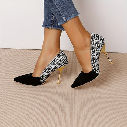 Zapatos de franela con estampado de letras sofisticados: tacones altos franceses con punta puntiaguda para mujer, estilo y elegancia para todas las estaciones