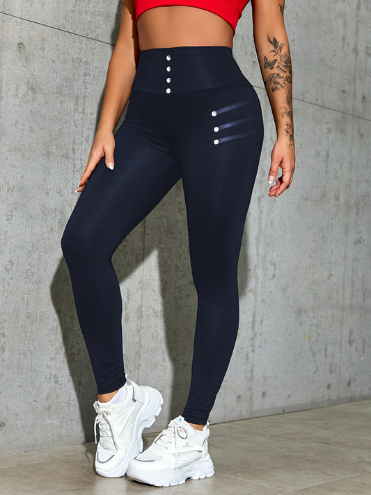 Plus Size Sports Leggings, Women's Plus Solid Faux Buttons Wideband Waist High Rise Running Leggings Suitable Spring/Autumn