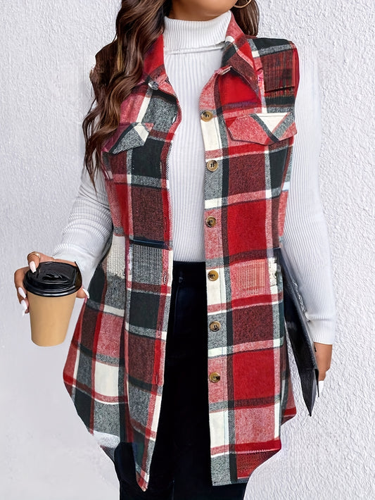 Plus Size Elegant Plaid Vest Jacket - Sleeveless, Collared, Button Front, Chic Design for Spring and Fall - Women's Comfortable Clothing for Curvy Figures