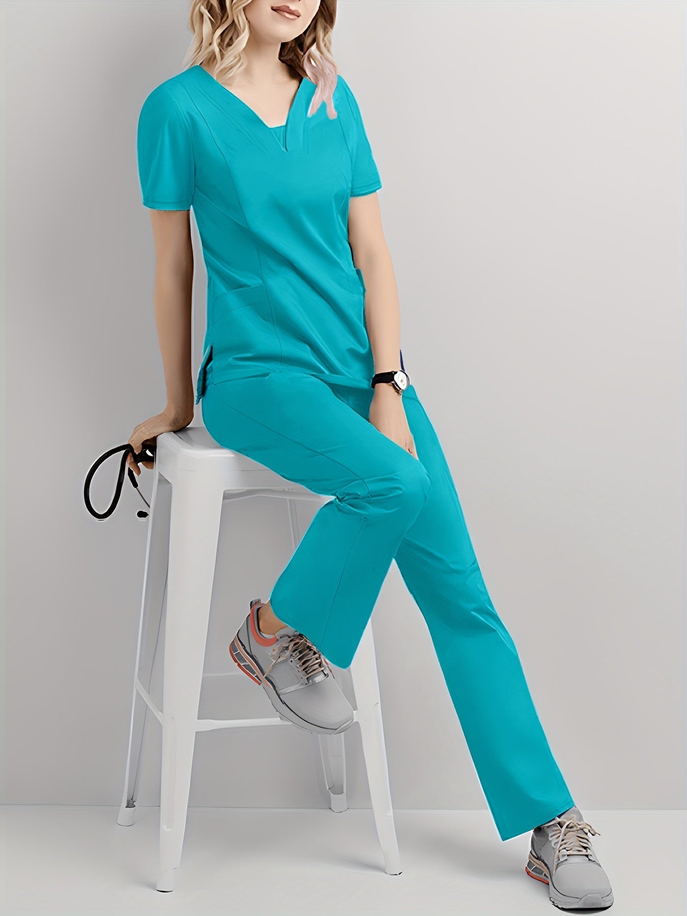 Women's Comfort-Fit Scrub Set – Two-Piece V-Neck Short Sleeve Top & Elastic Pants | Durable, Easy-Care Medical Uniforms for Healthcare Professionals