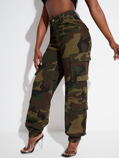 Pantalones vaqueros cargo con estampado de camuflaje para mujer: pantalones vaqueros casuales con bolsillos, mezcla de rayón no elástico, lavables a máquina