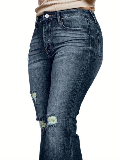 Stylish plus size flared leg jeans with high rise, high stretch, washed ripped raw trim, and button fly for curvy women.