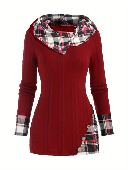 Plaid Splicing Button Decor Cable Hooded Sweater - Stylish Long Sleeve Casual Wear for Women with Decorative Button Details and Unique Splicing Design - Perfect for Everyday Fashion