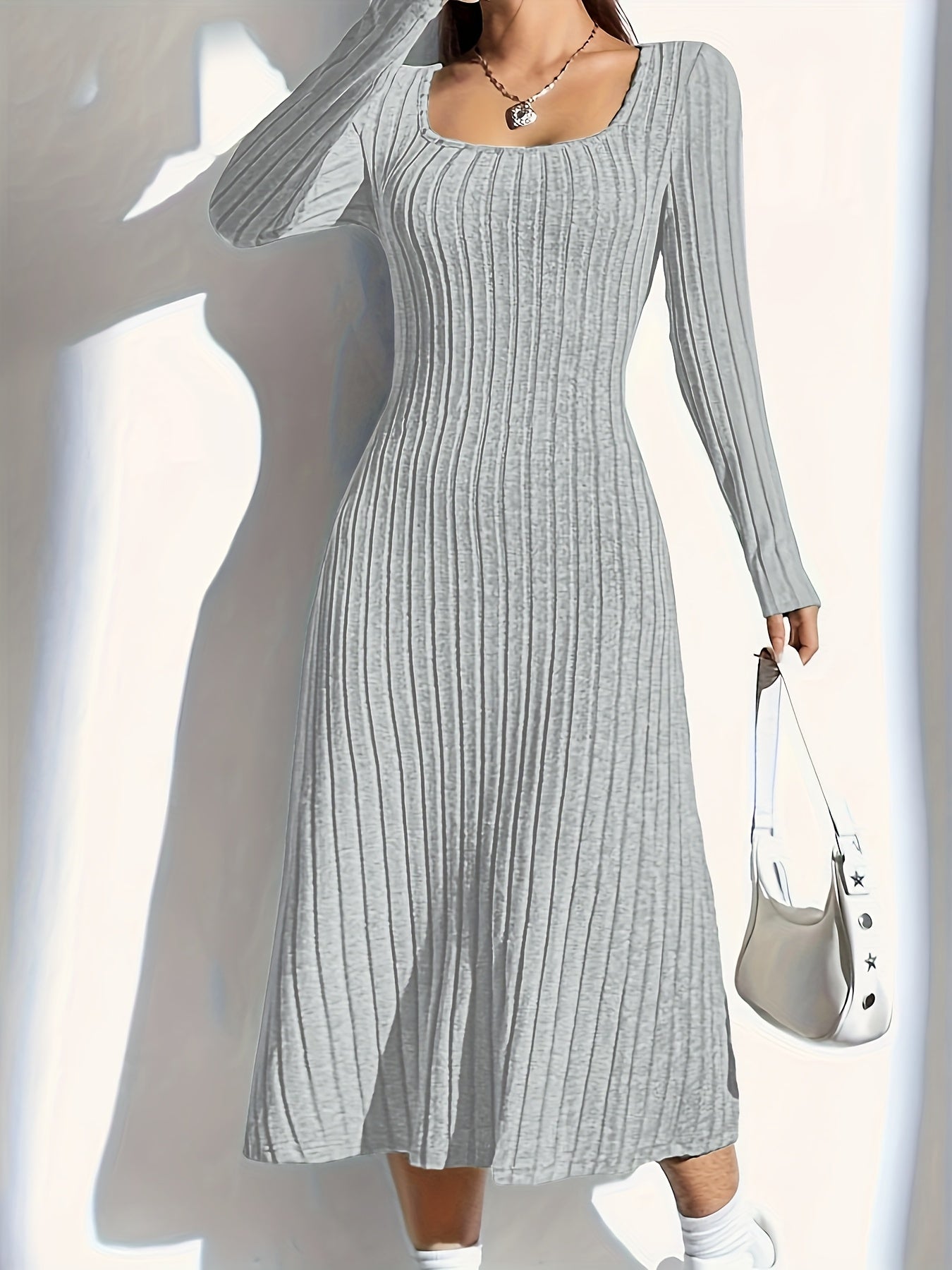 Women'S Ribbed Knit Long Sleeve Midi Dress, Casual Collar, Solid Color, Polyester, Fitted for Spring/Summer/Fall