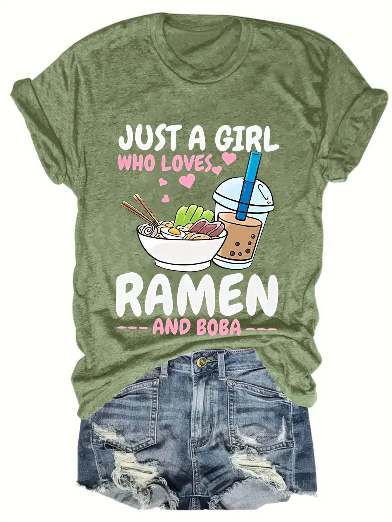 Camiseta de cuello redondo con estampado de ramen vibrante: camiseta de manga corta suave, transpirable e informal para primavera y verano: ropa de mujer de corte relajado para uso diario