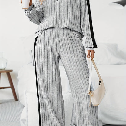 Plus Size Side Striped Ribbed Sweatshirt Set, Casual Half Zip Long Sleeve Sweatshirt & Wide Leg Pants Outfit