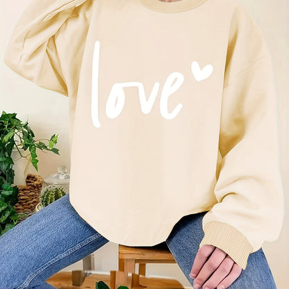 Plus Size Love Print Sweatshirt, Casual Long Sleeve Crew Neck Pullover Sweatshirt