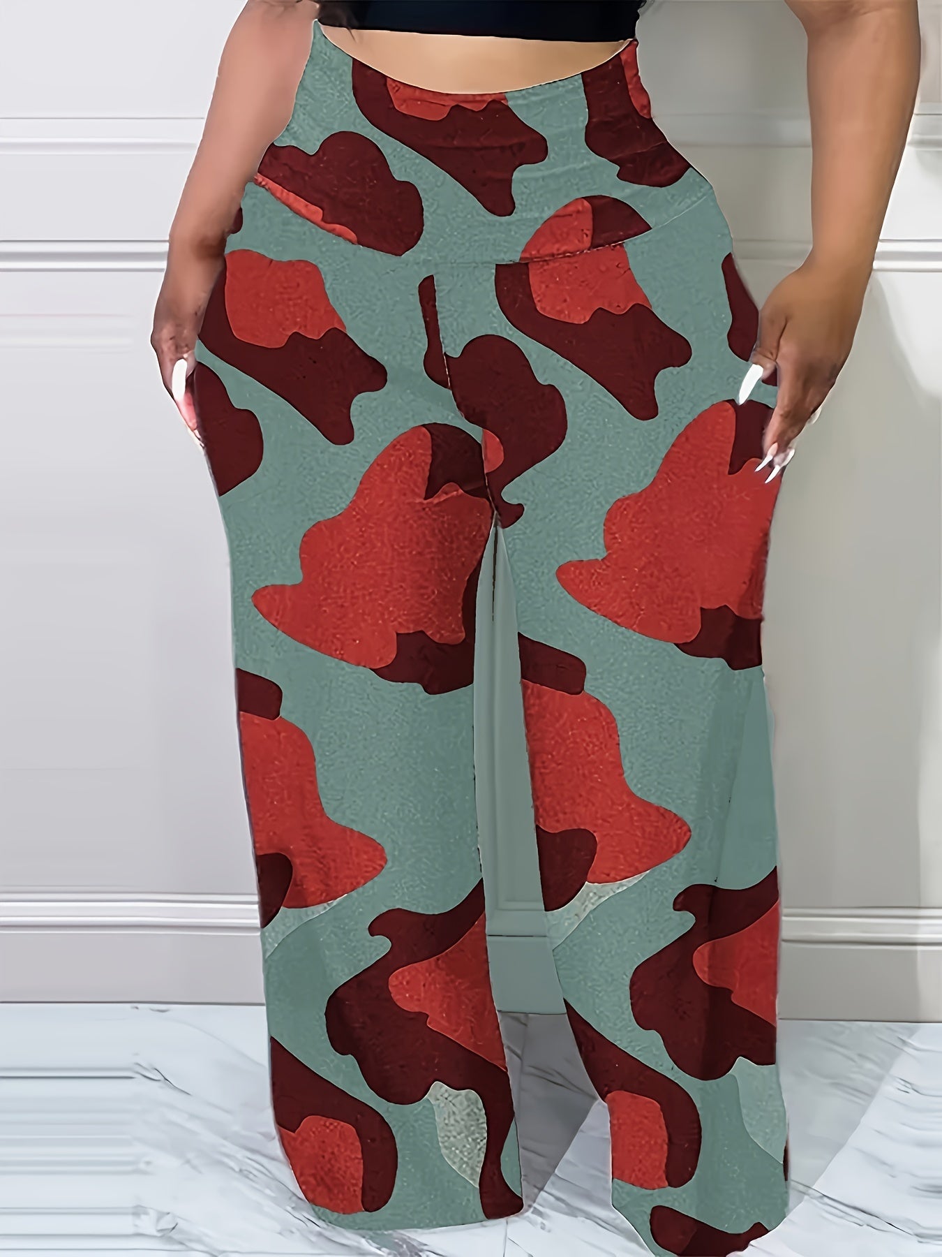 Pantalones con estampado de pata de gallo de talla grande: pierna ancha favorecedora, cintura alta y comodidad: ropa informal de moda para primavera y otoño: ropa de talla grande de moda para mujer