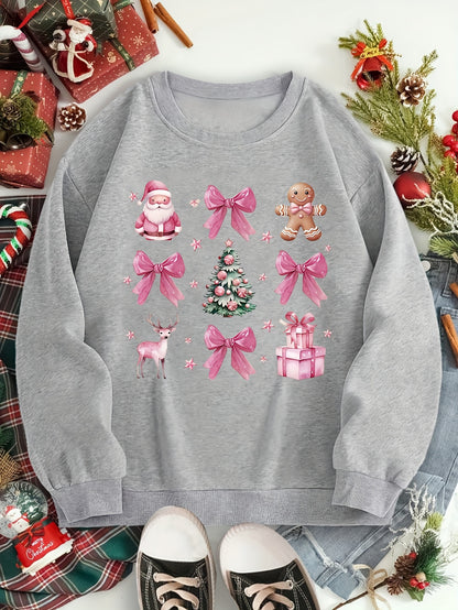 Cozy Fleece-Lined Christmas Santa Claus & Bow Print Sweatshirt for Women - Casual Crew Neck, Long Sleeve Pullover with Kangaroo Pocket, Machine Washable Polyester Blend, Perfect for Fall/Winter