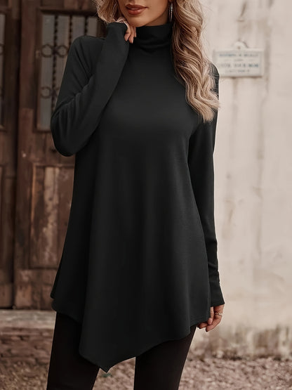 Plus Size Chic Tunic Top - Flattering Long Sleeves, Fashionable High Neck, Trendy Asymmetric Hem - Solid Color Casual Wear for Stylish Women