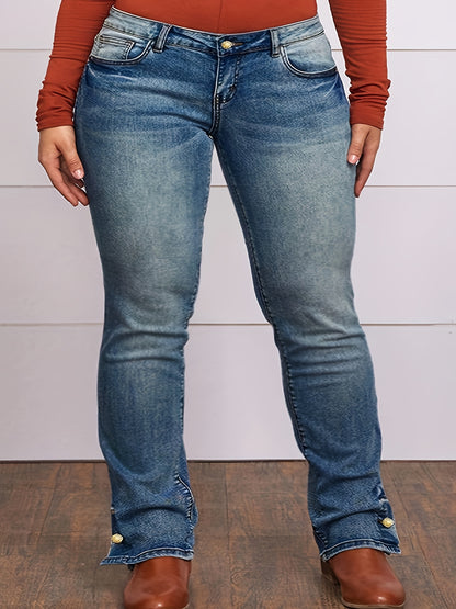 Pantalones vaqueros elásticos de talla grande y ajuste cómodo: botones laterales decorativos, estilo informal, tela suave, corte favorecedor, jeans y ropa de mujer para uso diario