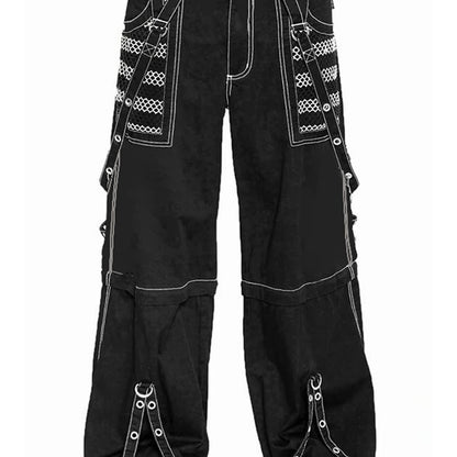 Women's Gothic Punk Wide-Leg Cargo Jeans - Low Rise, High-Waist Y2K Streetwear Denim Pants with Chain Detail, Loose Fit Baggy Boyfriend Style, Non-Transparent Polyester, All-Season Wear