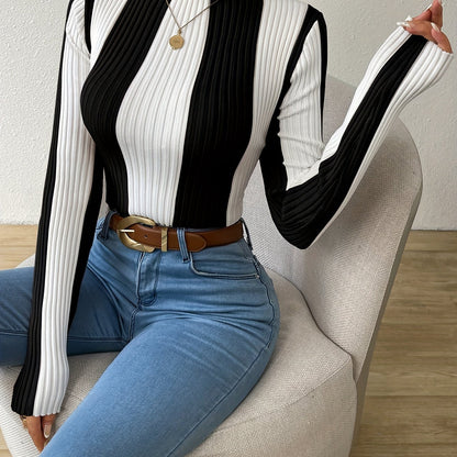 Rib Knit Color Block Mock Neck Sweater, Elegant Long Sleeve Sweater For Fall & Winter