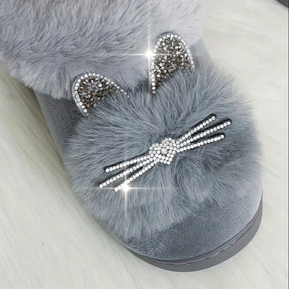 Cute Rhinestone Plush Cat Slippers, Cozy & Warm Fluffy Soft Sole Slip On Shoes, Winter Fuzzy Home Slippers