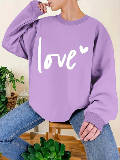 Plus Size Love Print Sweatshirt, Casual Long Sleeve Crew Neck Pullover Sweatshirt