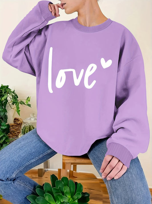 Sudadera con estampado de amor de talla grande, sudadera informal de cuello redondo y manga larga