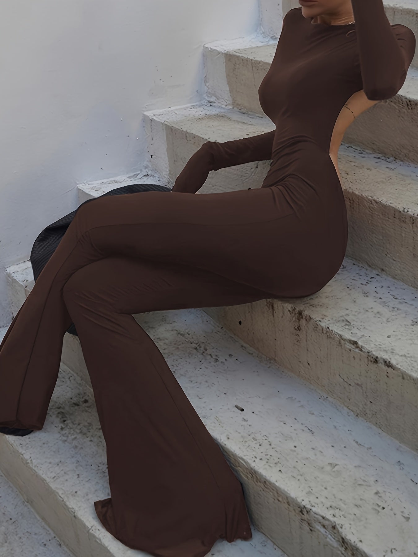 Black Simple Casual High Elastic Tight Sexy Backless Long-Sleeved Straight-Leg Wide-Leg Jumpsuit