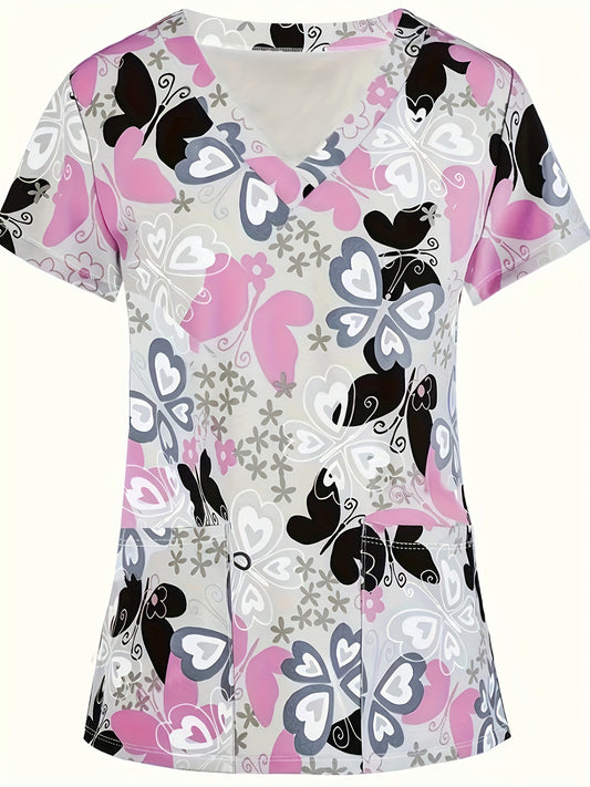 Camiseta de uniforme médico para mujer, con estampado floral, cuello en V elegante, tejido de poliéster, manga corta, primavera/verano/otoño