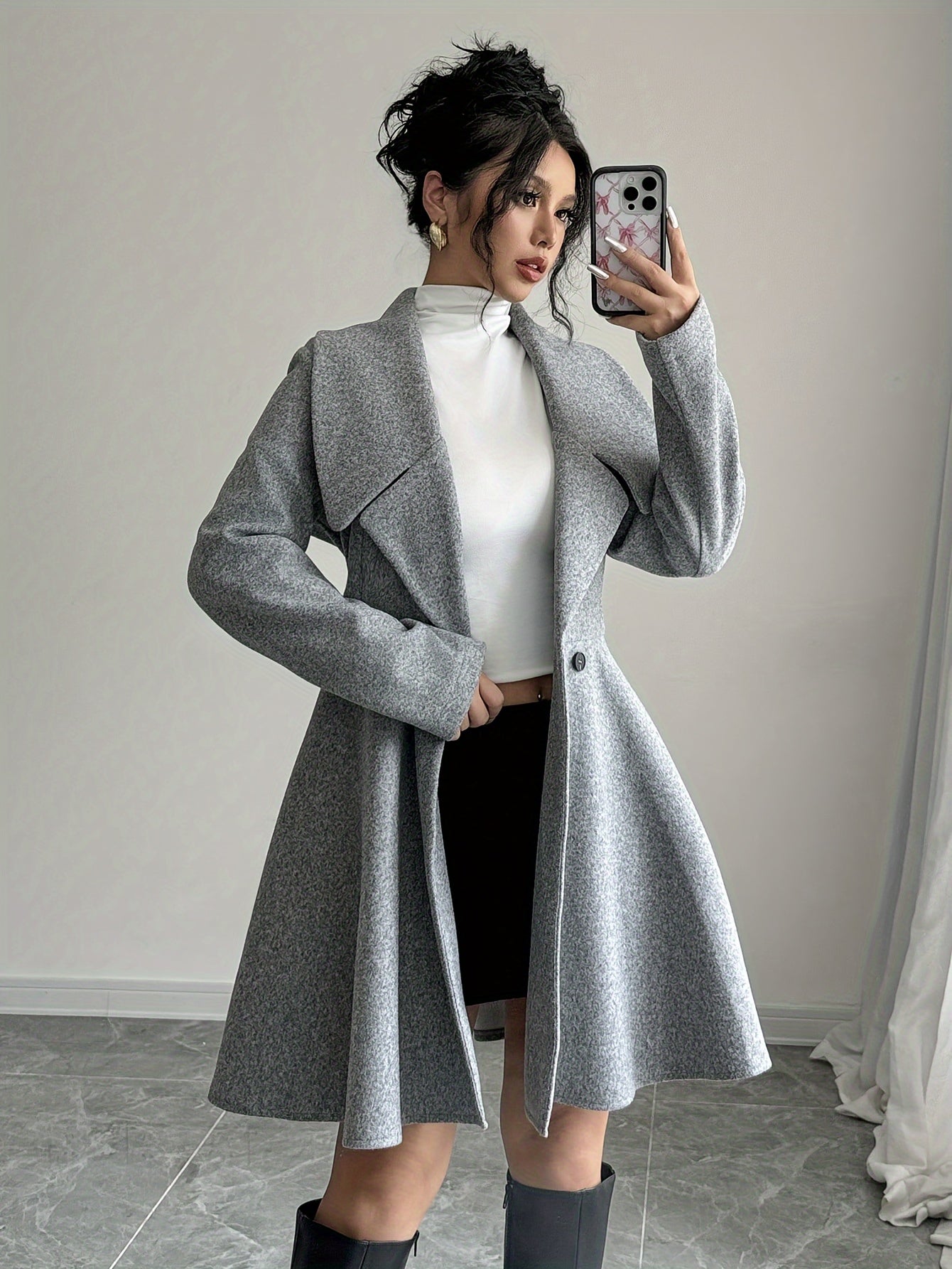 1pc Elegant Women'S Solid Color Stand Collar Long Sleeve Double-Breasted Coat, Polyester Woven Fall/Winter Outerwear with Button Detail