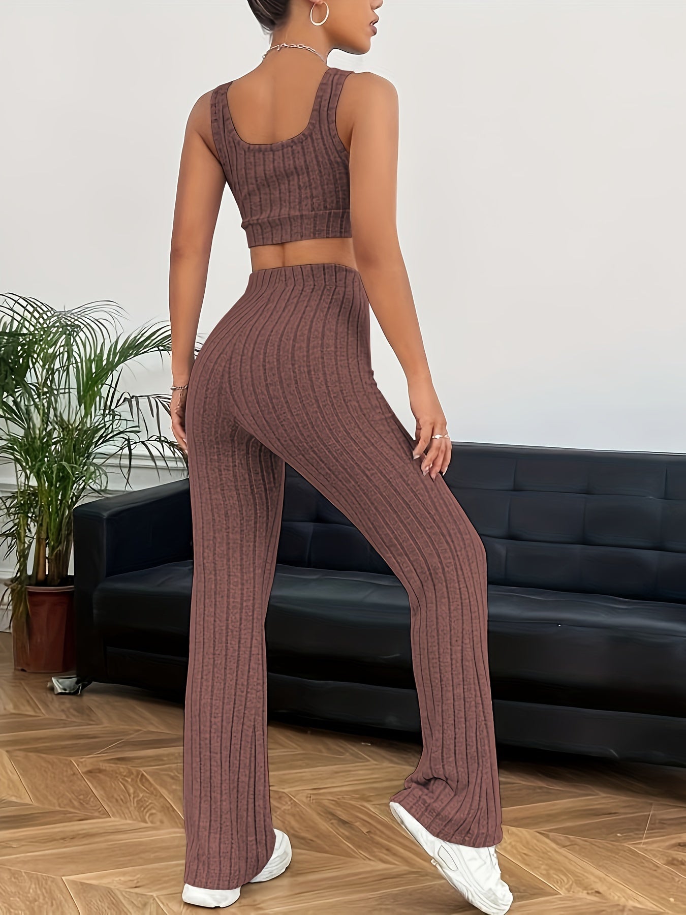 Chic Ribbed Two-piece Outfit Set - Soft Crop Tank Top & High Waist Pants - Flattering Casual Wear for Women