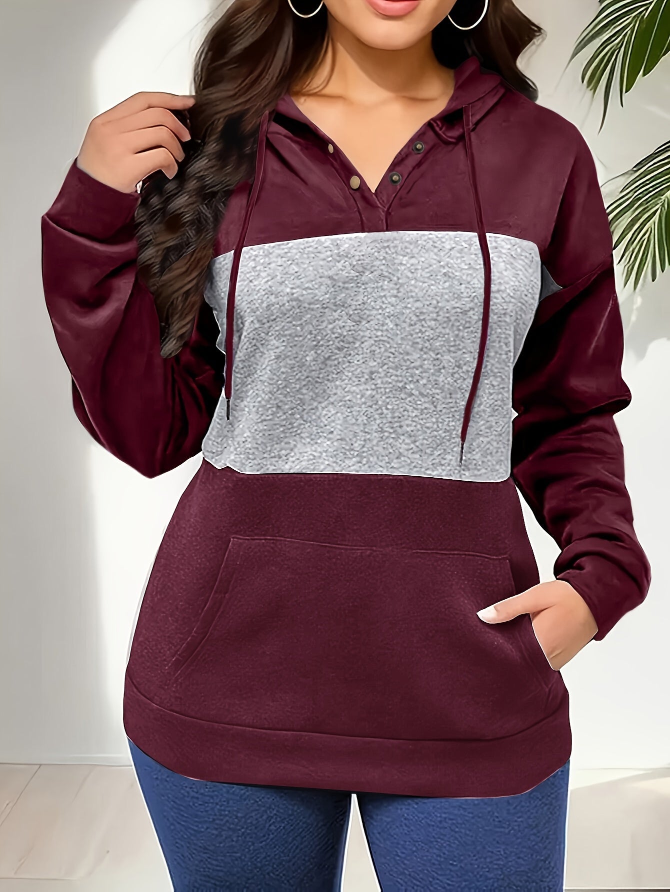 Drop Shoulder Color Block Hoodie, Casual Long Sleeve Hoodies Sweatshirt, Women's Clothing