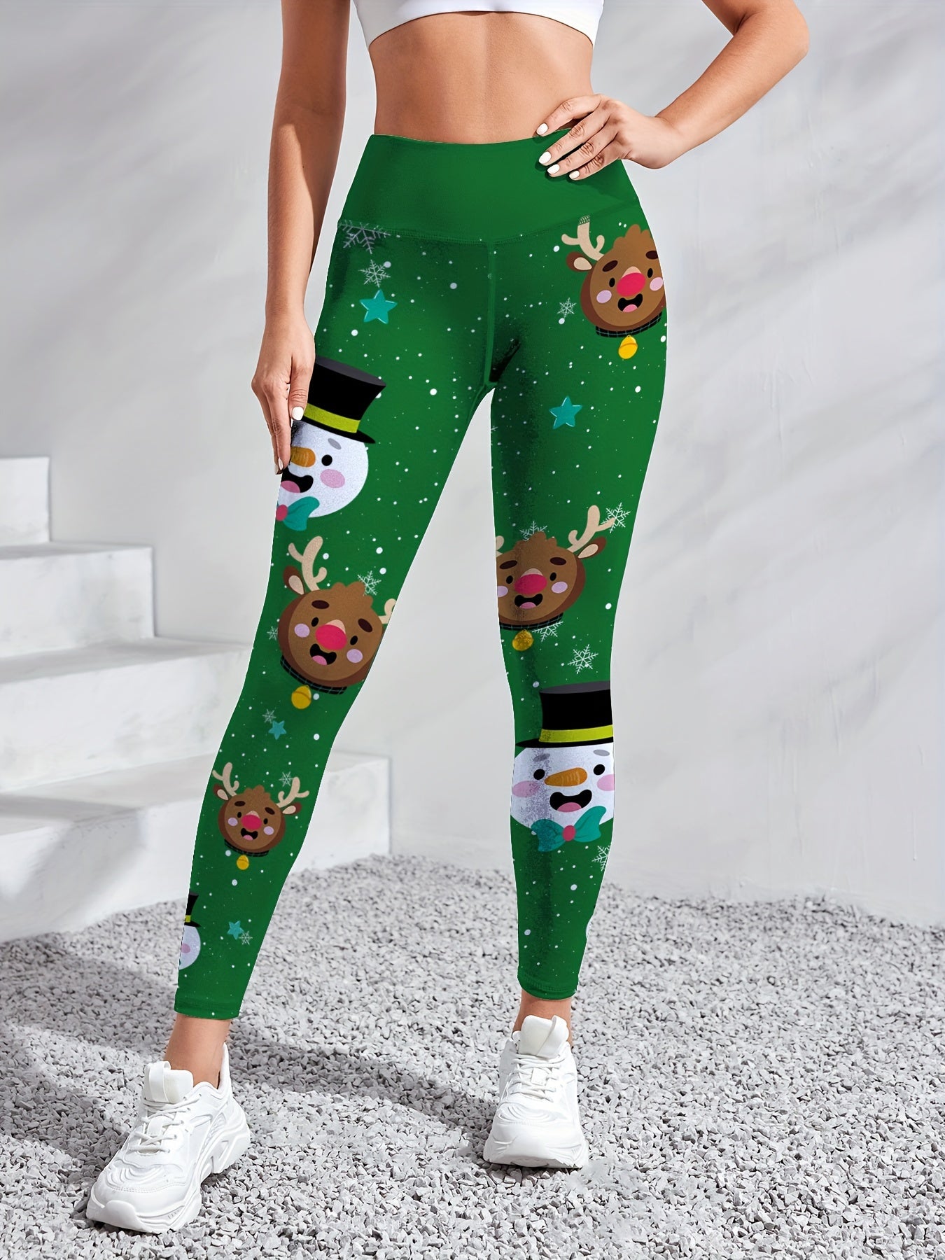 Women'S High-Waisted Yoga Leggings, Christmas Cartoon Snowman & Reindeer Print, Quick-Dry Breathable Fabric, Stretchy Polyester, Color Block Detail, Regular Fit, All-Season Fitness Wear