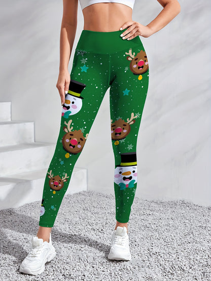 Women'S High-Waisted Yoga Leggings, Christmas Cartoon Snowman & Reindeer Print, Quick-Dry Breathable Fabric, Stretchy Polyester, Color Block Detail, Regular Fit, All-Season Fitness Wear