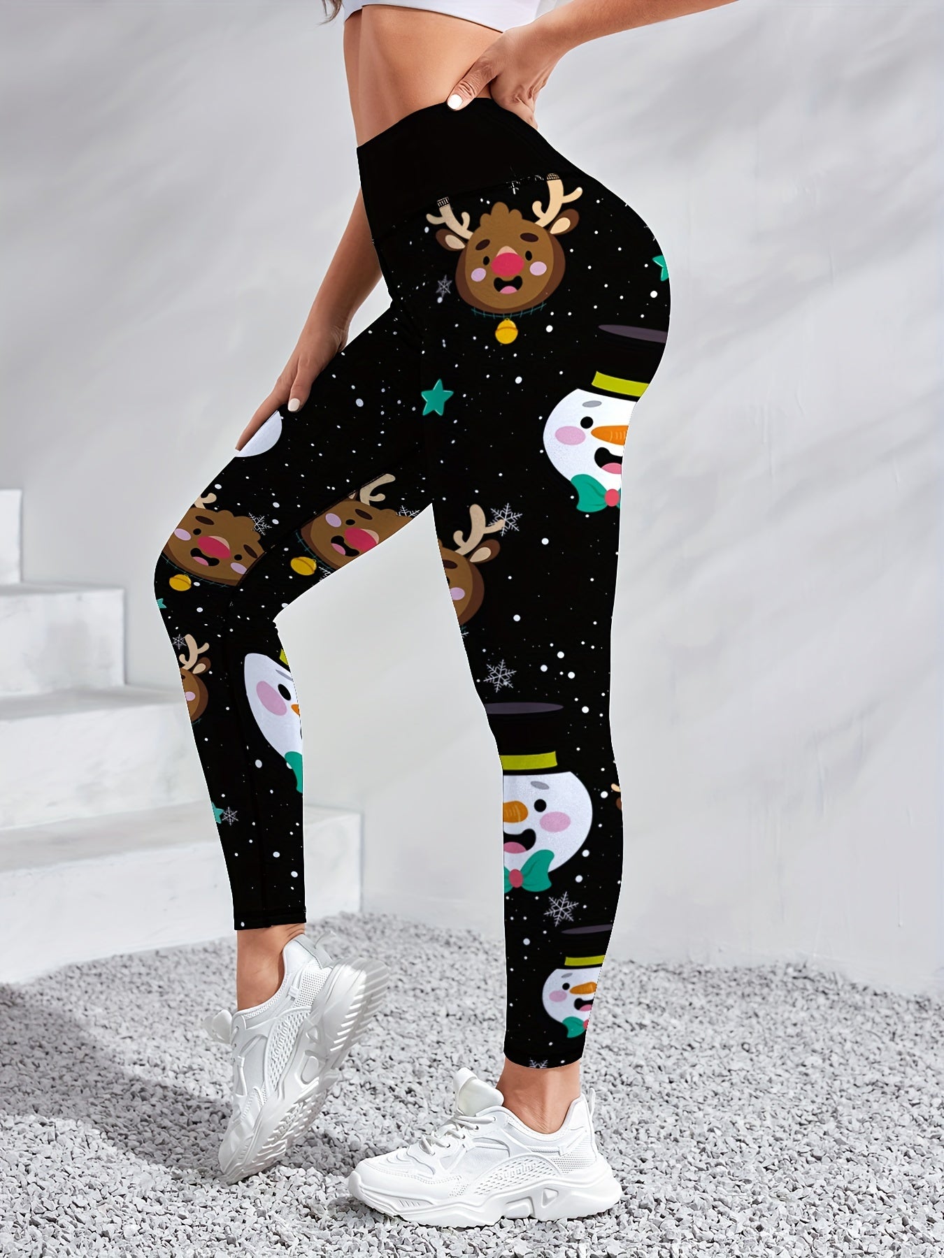 Women'S High-Waisted Yoga Leggings, Christmas Cartoon Snowman & Reindeer Print, Quick-Dry Breathable Fabric, Stretchy Polyester, Color Block Detail, Regular Fit, All-Season Fitness Wear