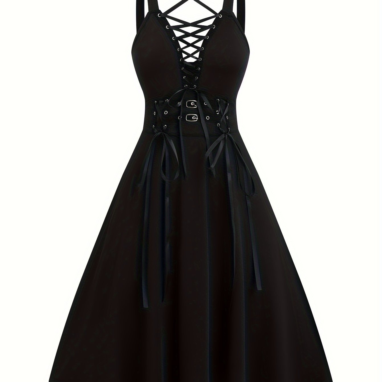 Elegant Gothic-Inspired Plus Size Dress with Lace-Up Detail, Deep V-Neck & High Waist A-Line Design - Perfect for Spring/Summer