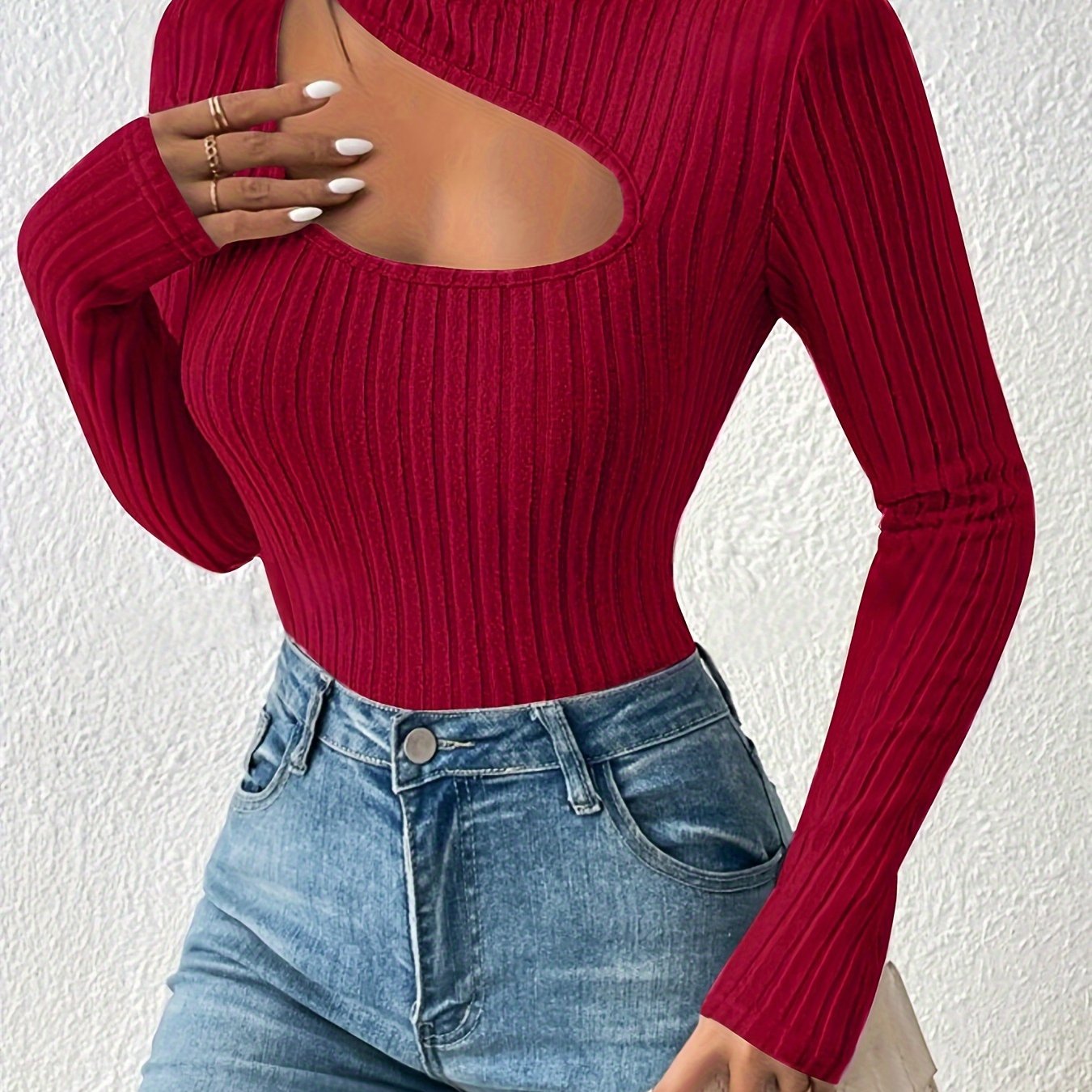 Cut Out Knitted Long Sleeve Shirt, Casual Rib Knit Turtle Neck Top