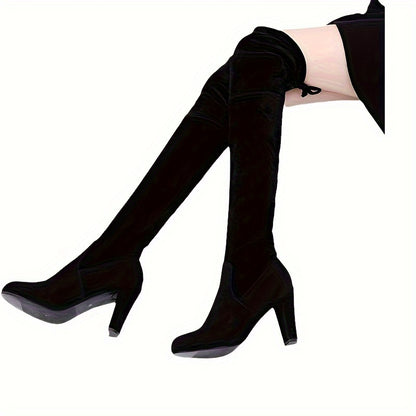 Women's Solid Color Trendy Boots, Slip On Comfy Chunky Heel Soft Sole Over Knee Boots, Winter Round Toe Minimalist Boots