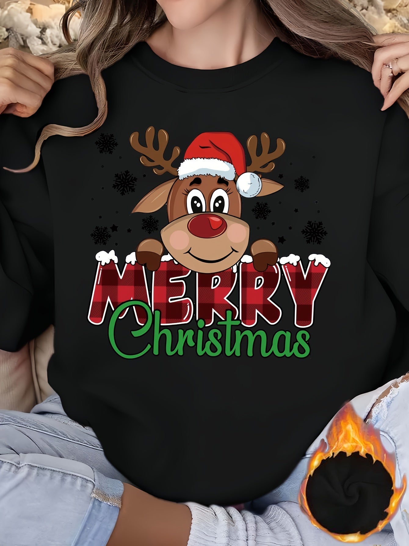 Cozy Festive Reindeer Sweatshirt - Soft 100% Polyester Knit Fabric, Vibrant Cartoon Print Design, Long Sleeve Pullover for Fall/Winter, Casual Crew Neck Style, Perfect for Holiday Parties and Gift Giving