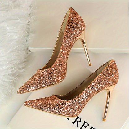 Sparkling Glamour Stilettos: elegantes zapatos de fiesta de tacón alto con punta puntiaguda, deslumbrantes detalles de lentejuelas, cómodas plantillas y resistente contrafuerte para mujer