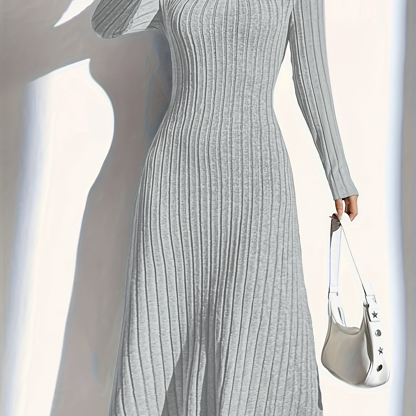 Women'S Ribbed Knit Long Sleeve Midi Dress, Casual Collar, Solid Color, Polyester, Fitted for Spring/Summer/Fall