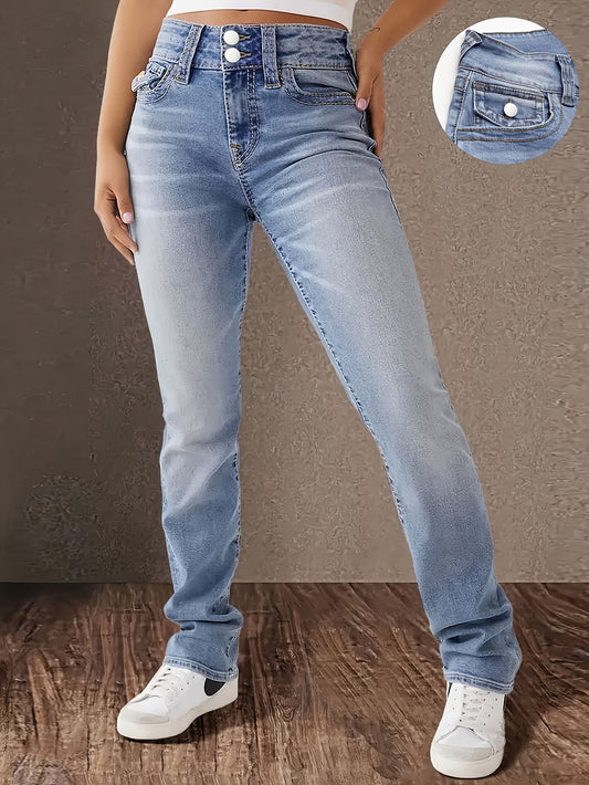 Woman wearing Double Buttons Slim Fit Washed Blue Casual Style Zipper Button Closure Denim Pants, women's skinny straight leg jeans.