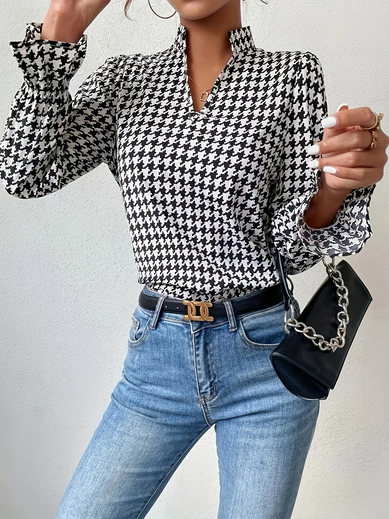 Elegant Houndstooth Blouse for Women: Ruffle Lantern Sleeves, Durable & Stylish for Spring/Fall