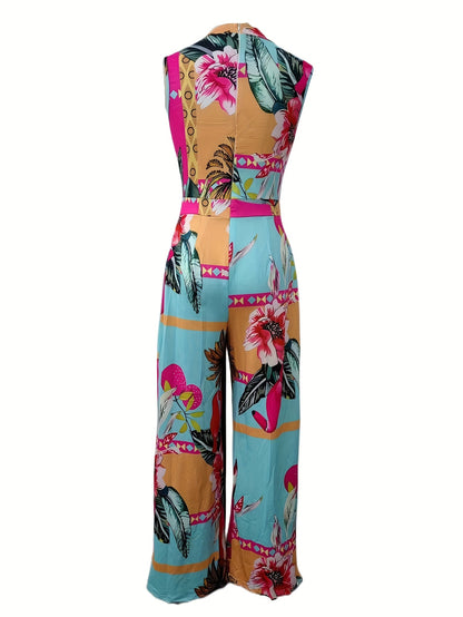 Vibrant Floral Print Wide Leg Jumpsuit - Sleeveless, Flowy, Bohemian Chic Design for Spring & Summer - Women's Comfortable, Relaxed Fit, Boho Clothing for Vacation, Outdoor Activities, and Casual Events