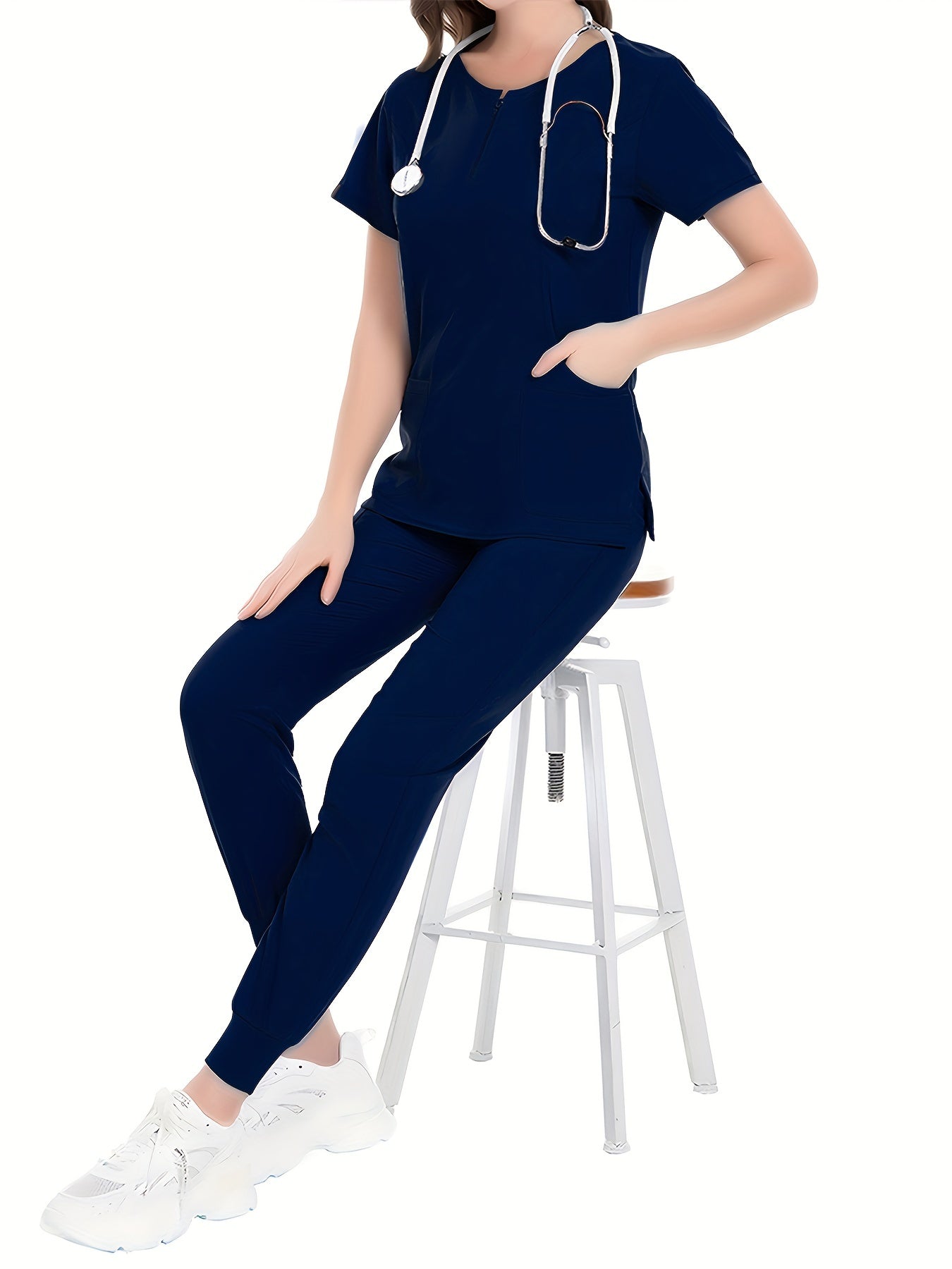 Cómodo conjunto de uniforme de enfermera: blusas quirúrgicas suaves con cuello redondo, bolsillos delanteros y pantalones con cordón para el hospital, ropa médica para mujer con tela transpirable y cintura ajustable