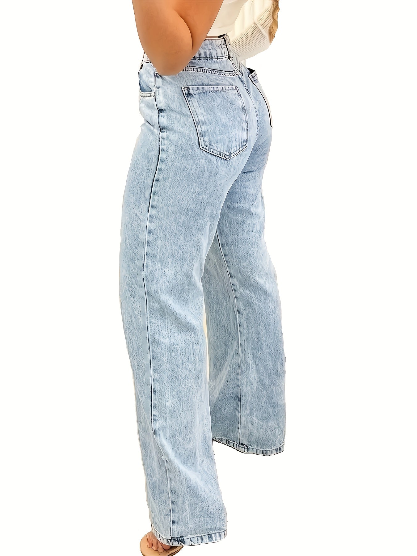 Plus Size Women's Stylish Straight Leg Blue Denim Jeans - Back View - Soft Washed Fabric and Zipper Button Closure.