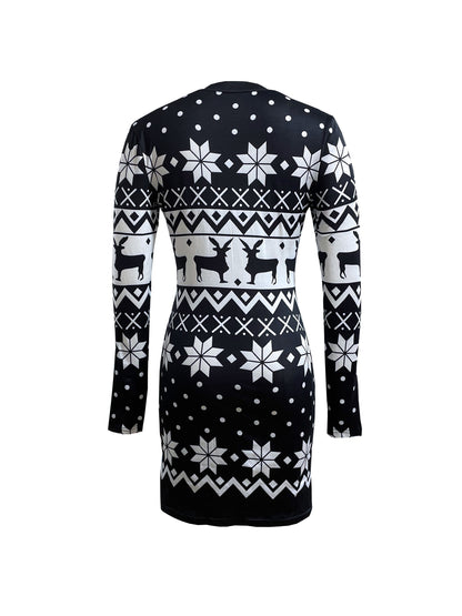 Christmas Deer Print Bodycon Dress, Casual Crew Neck Long Sleeve Mini Dress, Women's Clothing