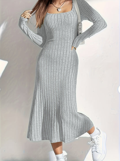 Women'S Ribbed Knit Long Sleeve Midi Dress, Casual Collar, Solid Color, Polyester, Fitted for Spring/Summer/Fall