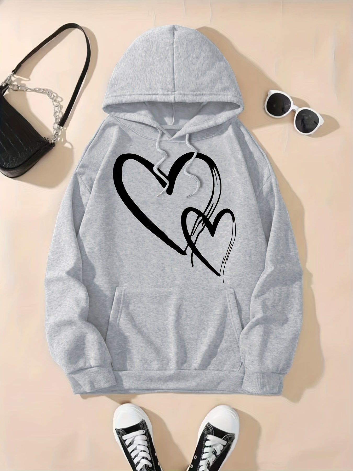 Heart Print Drawstring Hooded Sweatshirt, Slight Stretch With Pocket Loose Sporty Hoodie, Women's Activewear