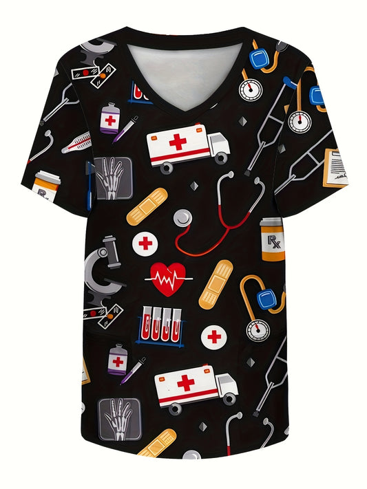 Nurse Print V-neck Scrub Top, Comfortable & Functional Health Care Uniform Top, Perfect For Working In Hospitals & Dental Office, Women's Work Clothing