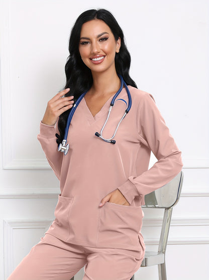 Stylish Women's Long Sleeve Scrubs Top - V Neck, Functional Patched Pockets, Breathable Fabric, Comfortable Fit, Health Care Uniform, Medical Workwear, Easy Care, Machine Washable