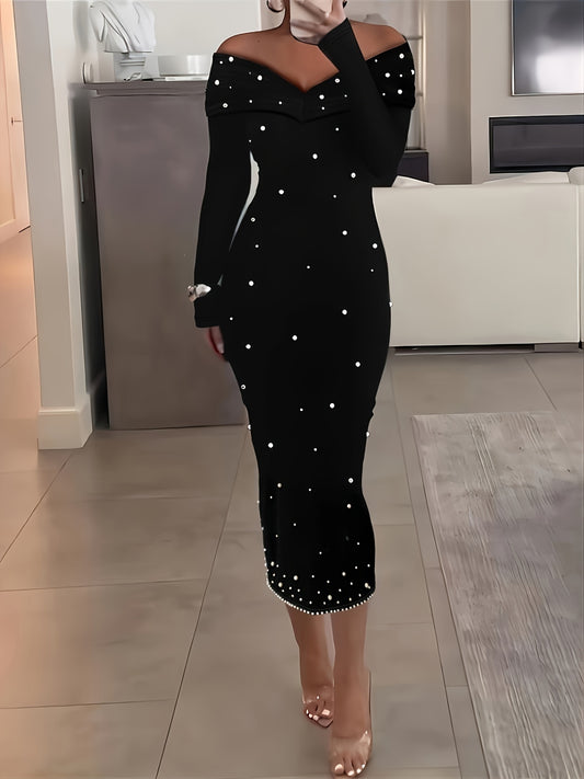 Elegant Pearl Beaded Off the Shoulder Long Sleeve Pencil Dress - Stretchy Micro Elasticity, Solid Color, Backless, Slim Bodycon Fit, Random Printing - Perfect for Womens Formal Occasions, All Seasons