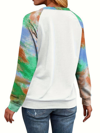 Christmas Colorful Tree Print Sweatshirt, Cute Color Block Crew Neck Sweatshirt, Women's Clothing