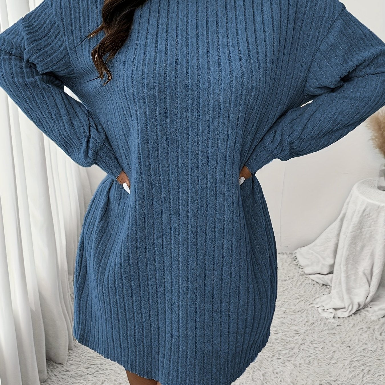 Women'S Plus Size High Neck Rib-Knit Knit Dress, Casual Long Sleeve Knee-Length Pullover